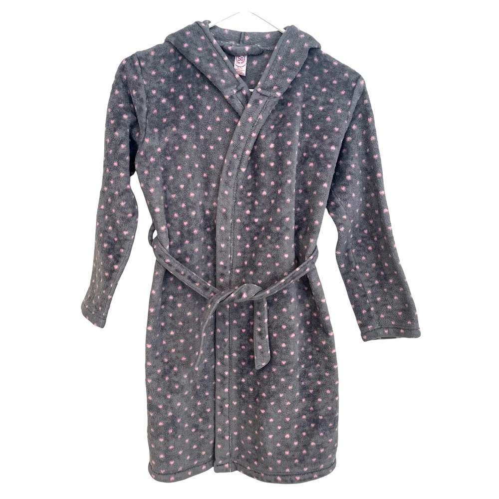 SO Girls M (10) Plush Robe Faux Fur Hooded Long Sleeve Tie Gray Pink Polka Dots